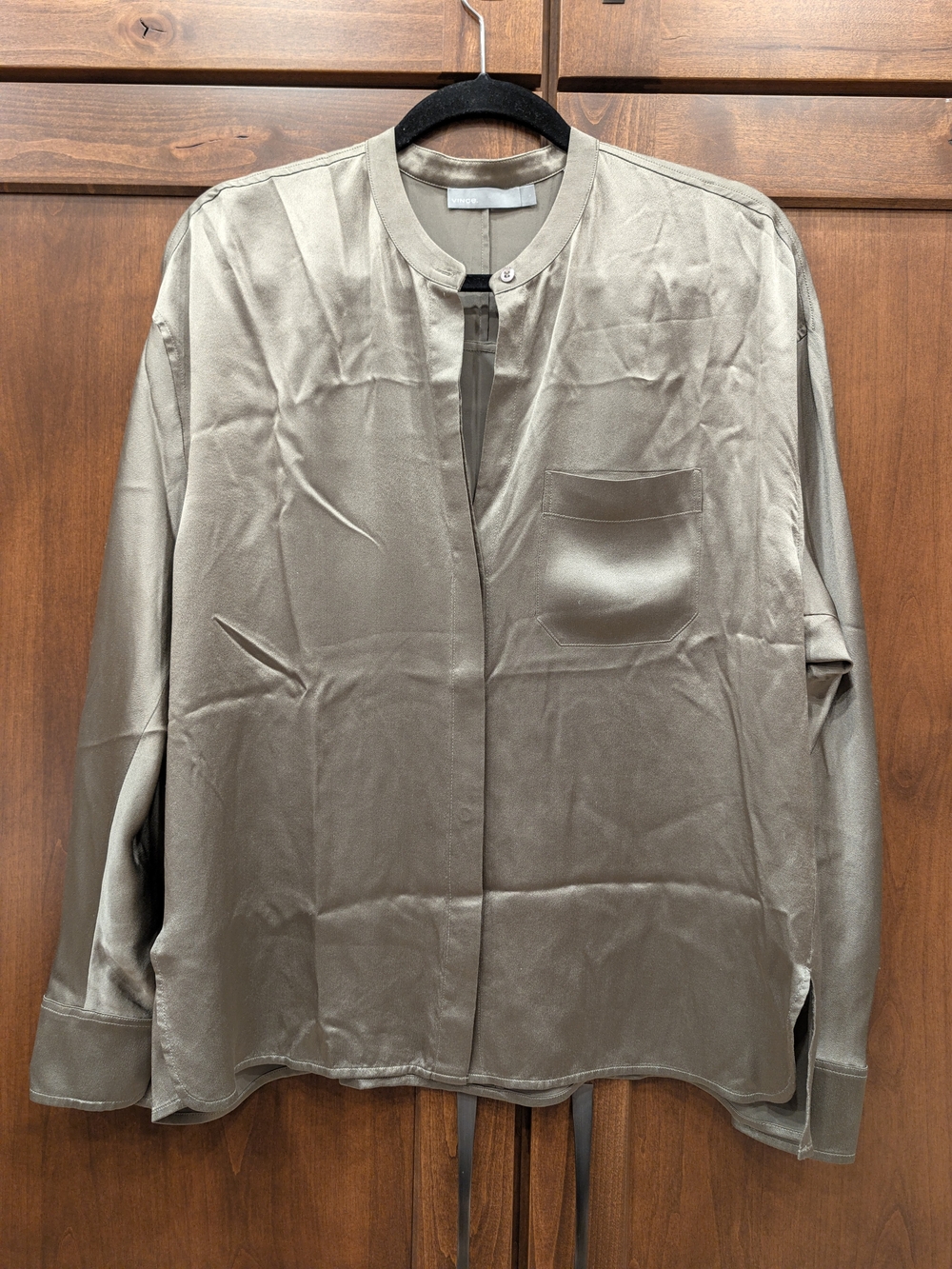 Vince Olive Taupe Silk Hidden Button Down Long Sleeve Blouse Women's Large